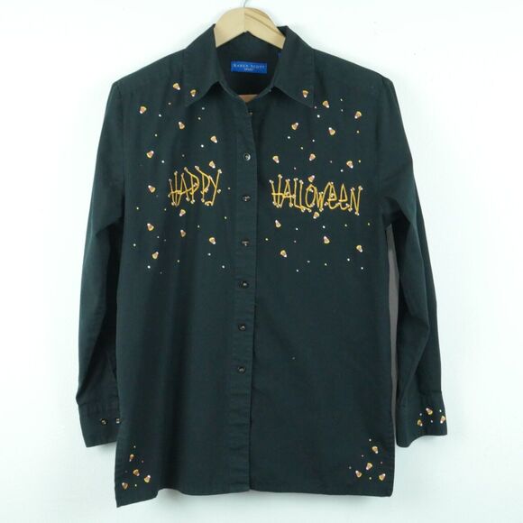 Vintage Small Button Up Halloween Embroidered Top Grannycore 90s Novelty Black - Picture 1 of 7